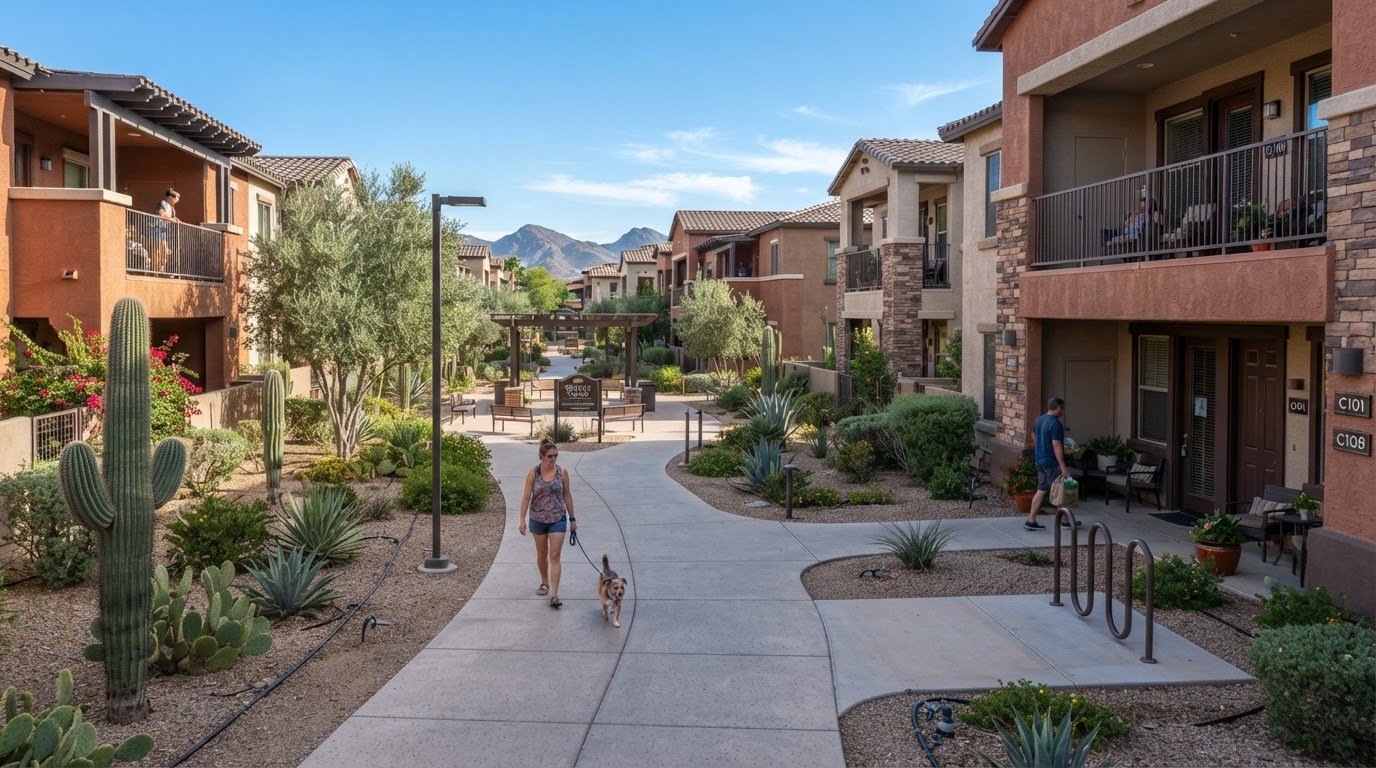 Multifamily apartment community pedestrian walkway concrete flatwork in an Arizona setting