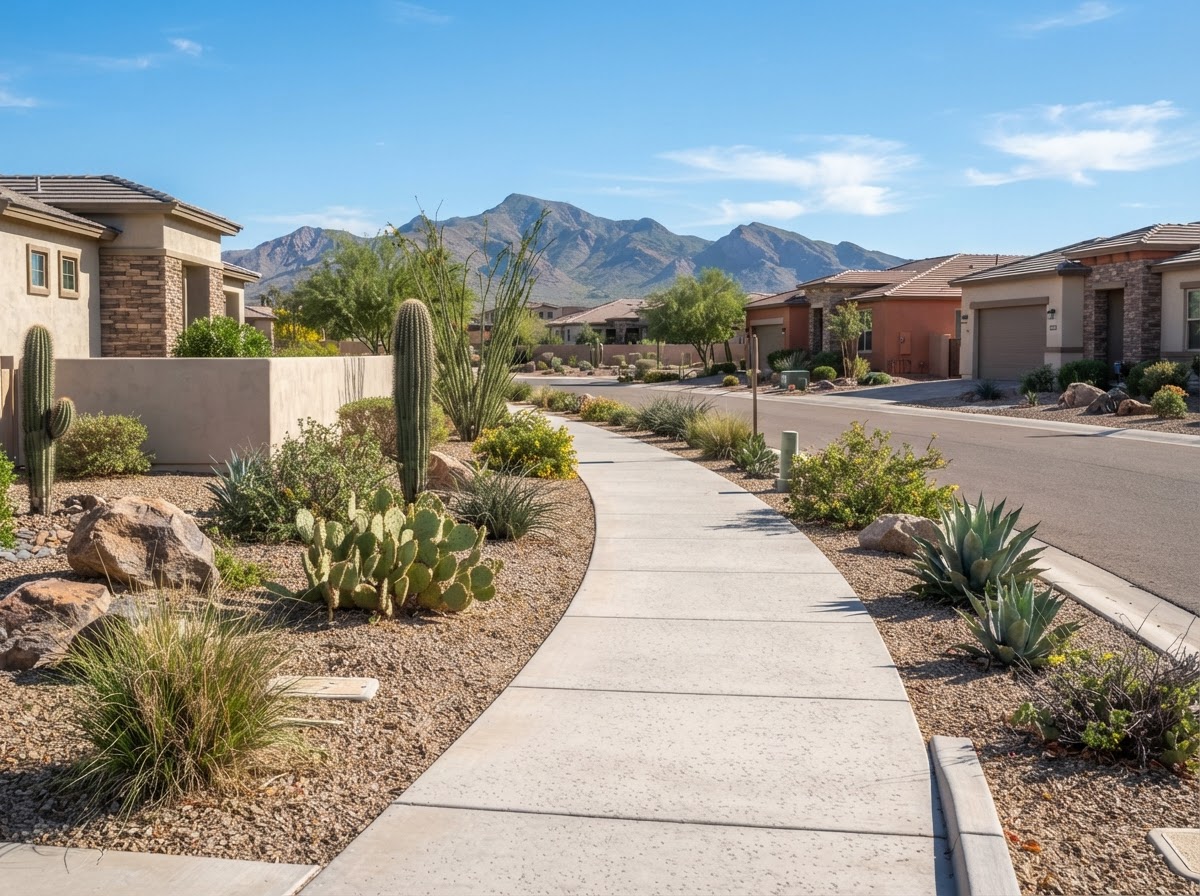 Community sidewalk and HOA walkway in a newer San Tan Valley development