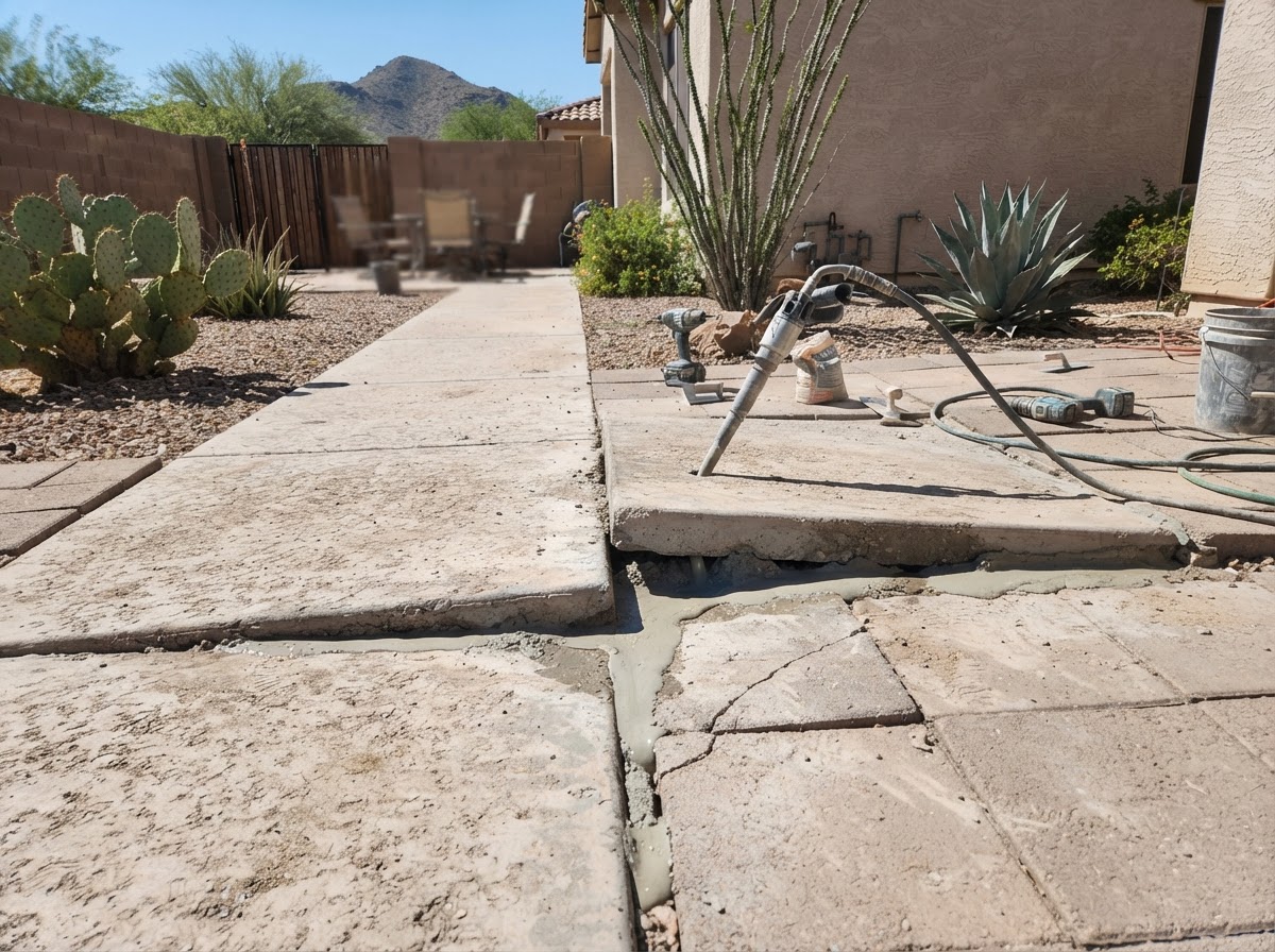 Concrete sidewalk and patio panels with uneven settlement at the joints