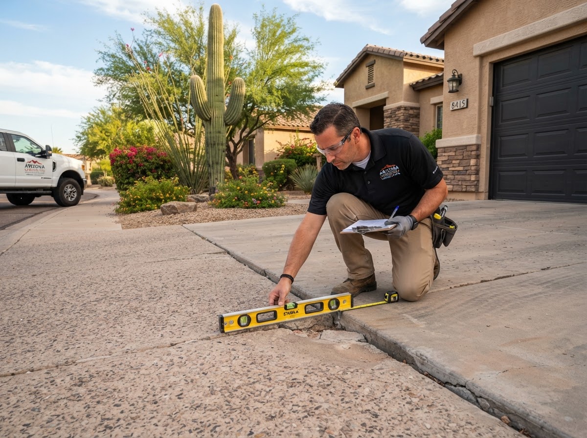 Technician measuring driveway panel elevation and garage transition at a Mesa property