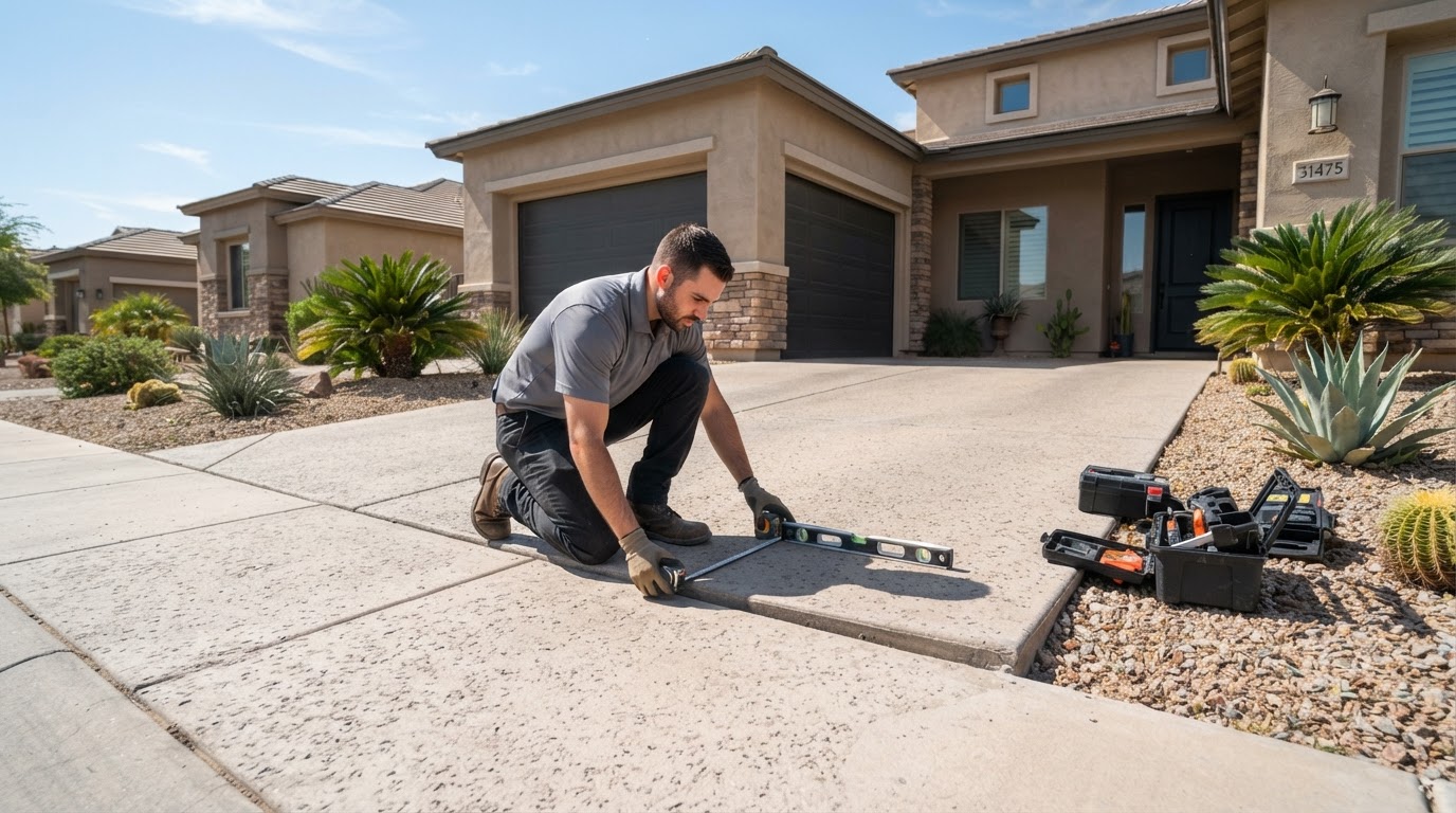 Concrete leveling technician assessing a settled driveway slab at a newer Queen Creek, Arizona stucco home