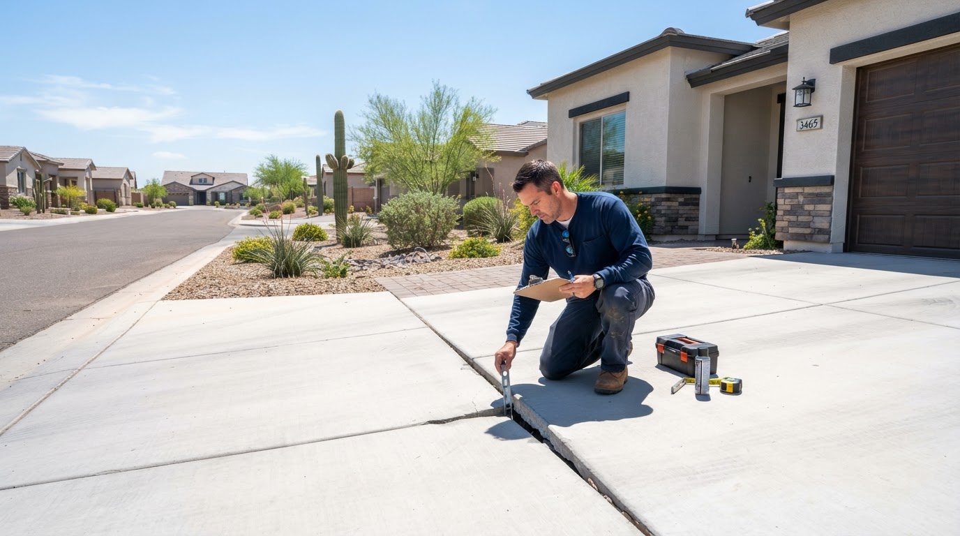 Concrete leveling technician assessing a settled driveway at a newer San Tan Valley, Arizona suburban home
