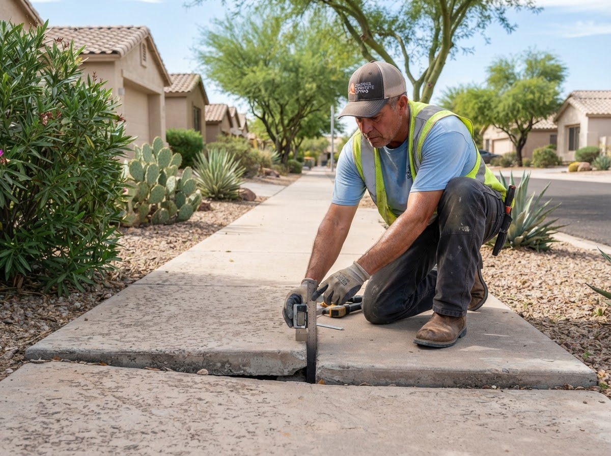 Technician measuring sidewalk panel transition elevation in Sun Lakes