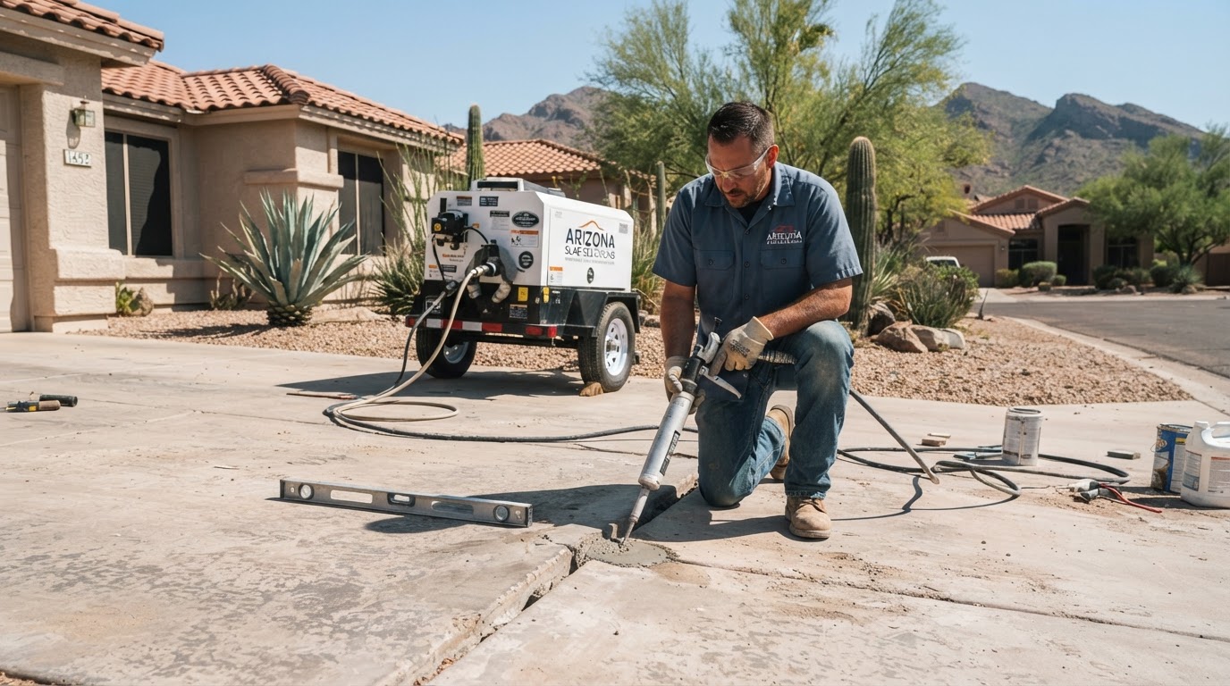 Concrete leveling and lifting work context showing a technician performing controlled slab leveling