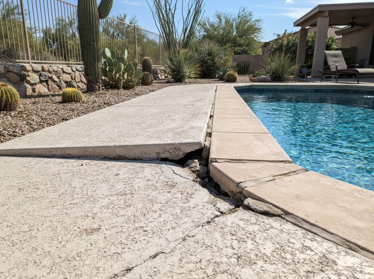 Settled concrete pool deck slab near the coping of an Arizona backyard pool