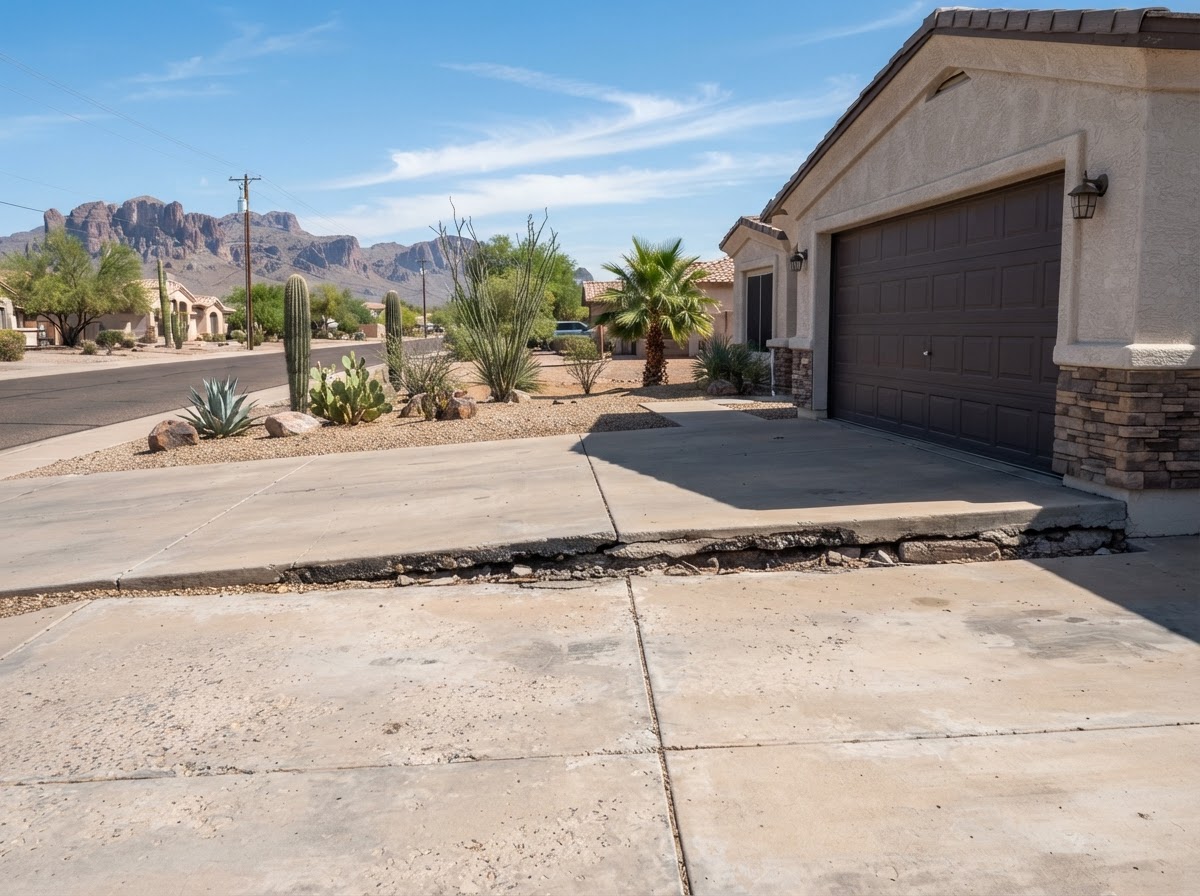 Garage-approach concrete slab in Apache Junction showing a settlement transition