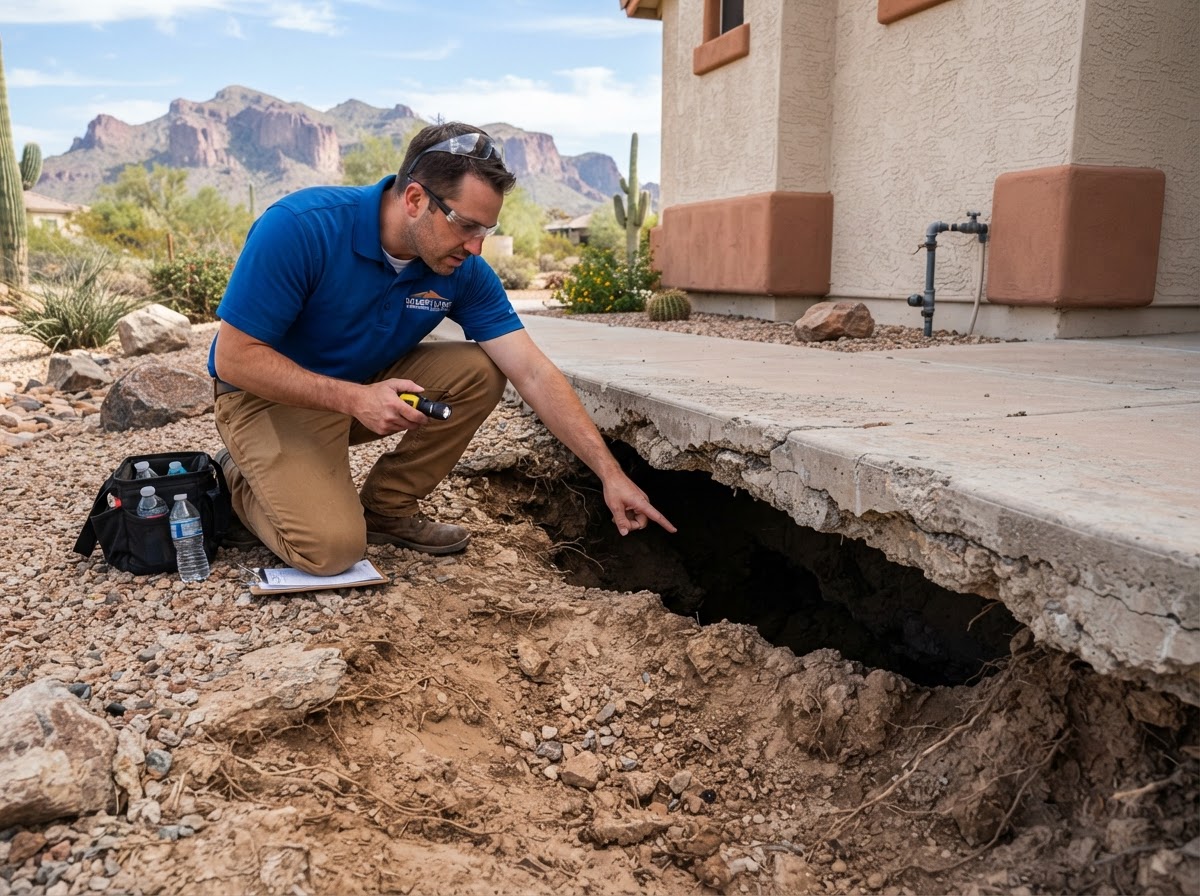 Technician evaluating a concrete slab edge for voids or erosion in Apache Junction