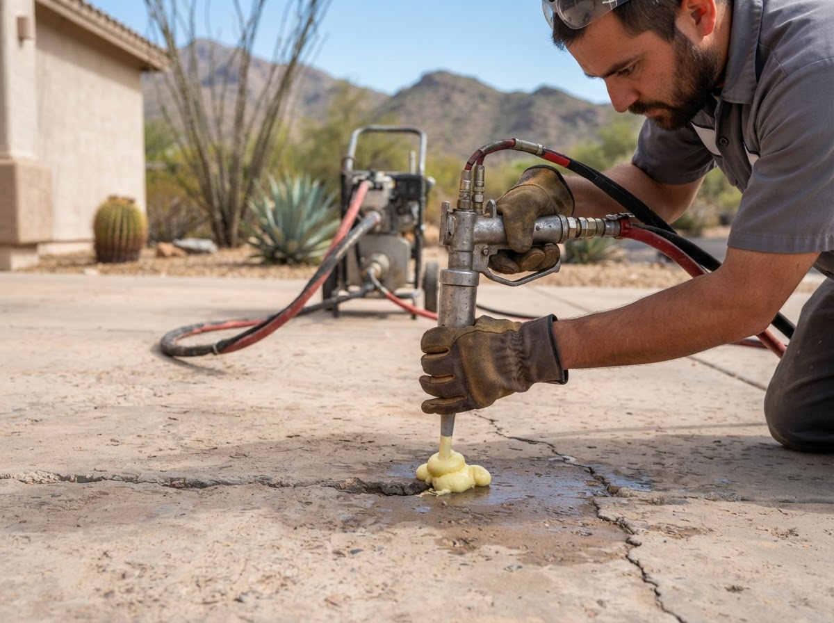 Polyurethane foam injection during a concrete leveling lift