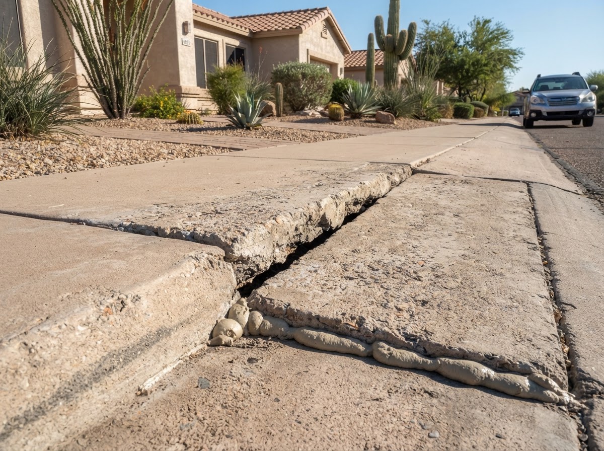 Concrete sidewalk panels with an uneven transition at the joint, foam leveling context