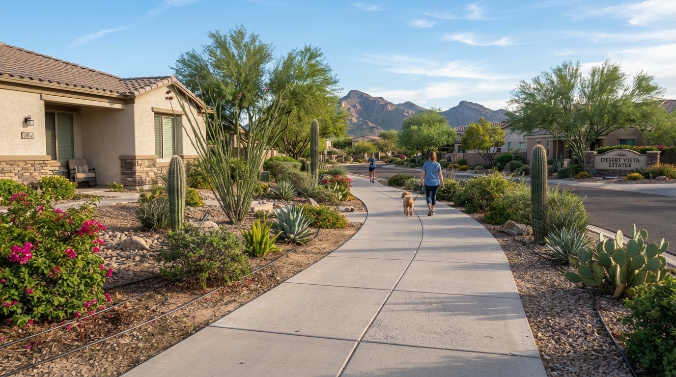 HOA common-area sidewalk panels running through a landscaped residential community in Arizona
