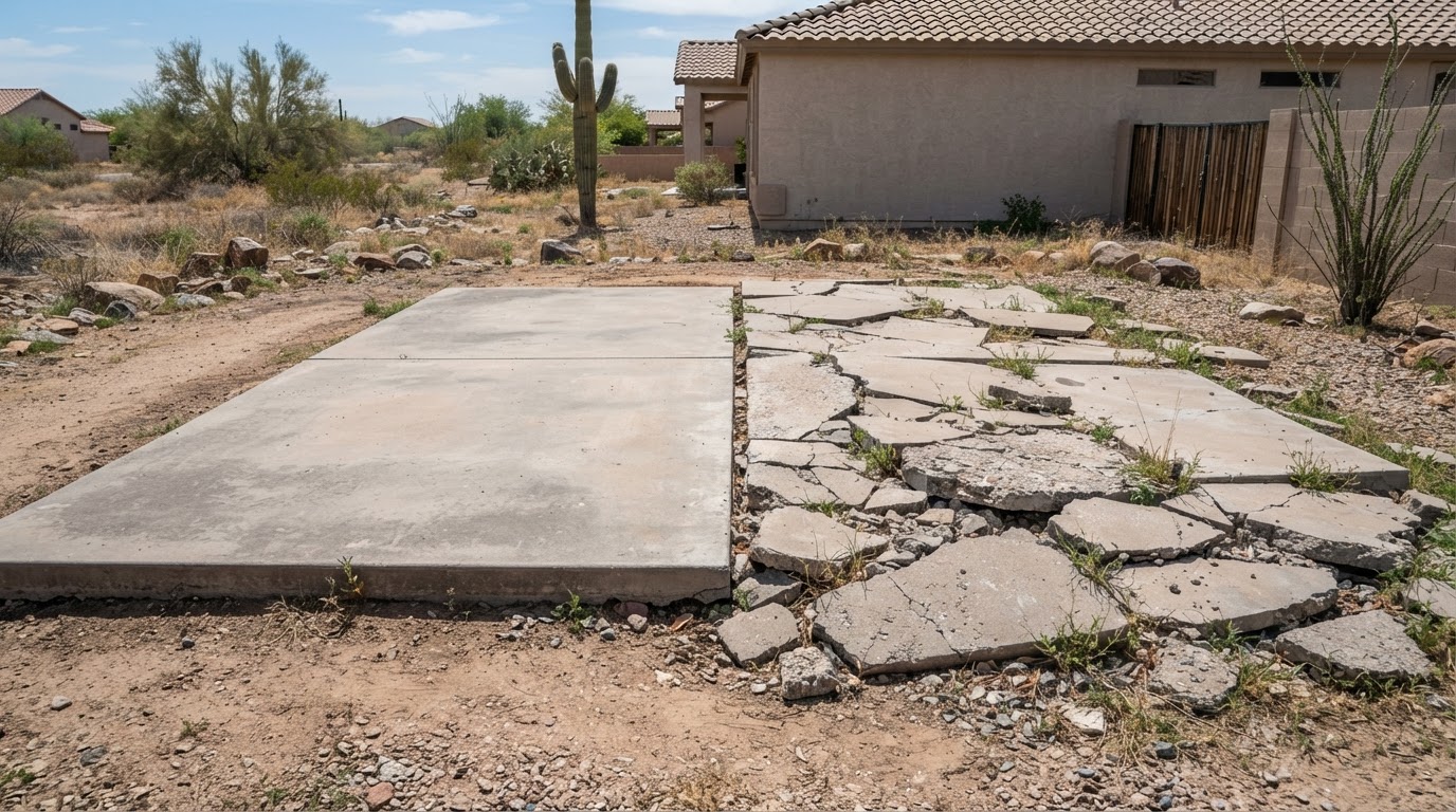 Two concrete slabs for comparison: one intact settled slab and one badly cracked deteriorated slab