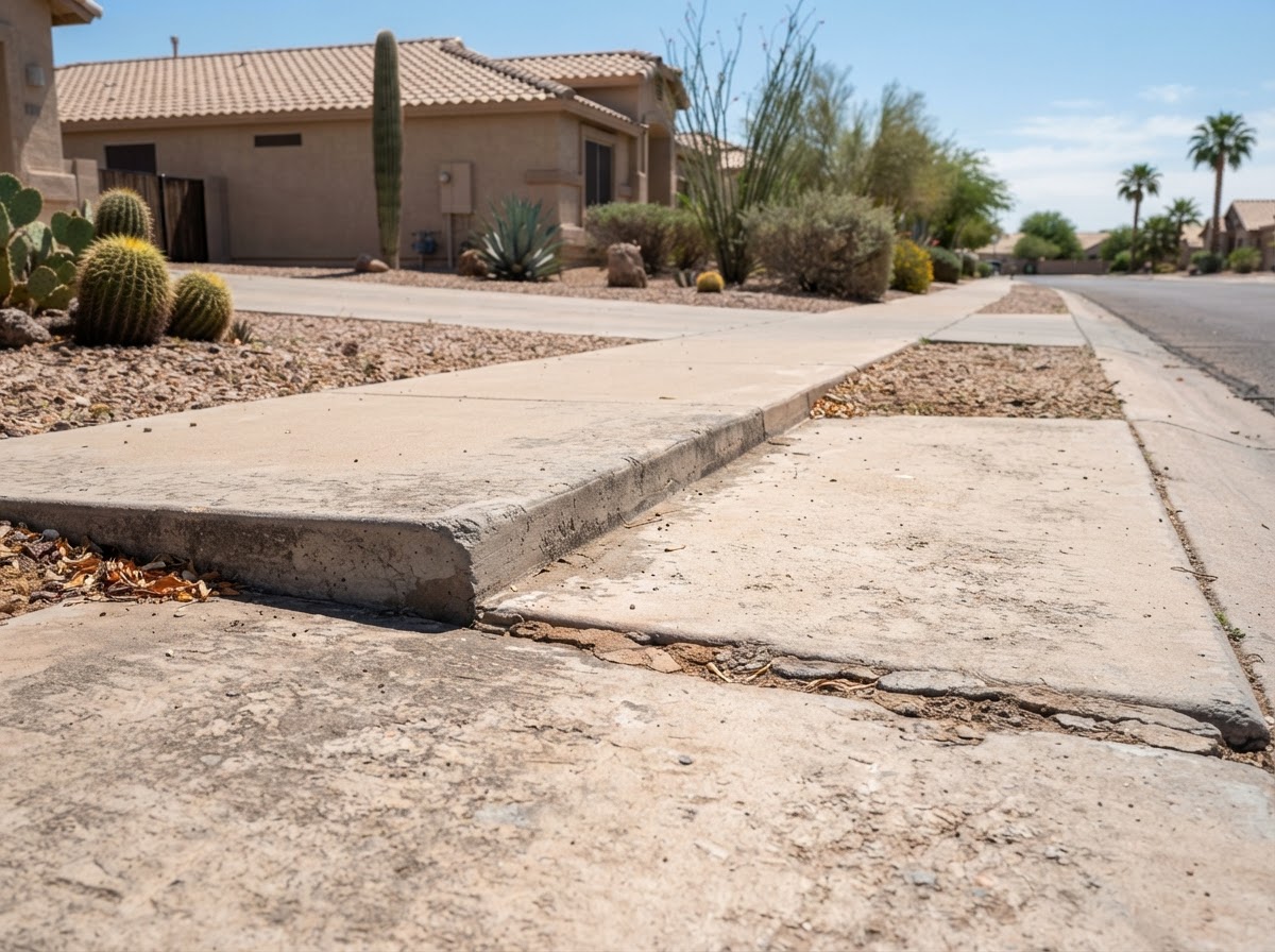 Concrete sidewalk panels with a raised trip-hazard lip at the joint