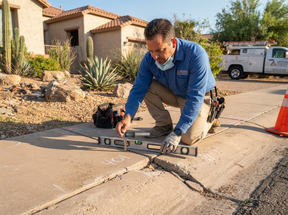 Technician checking sidewalk panel elevation at a Queen Creek property
