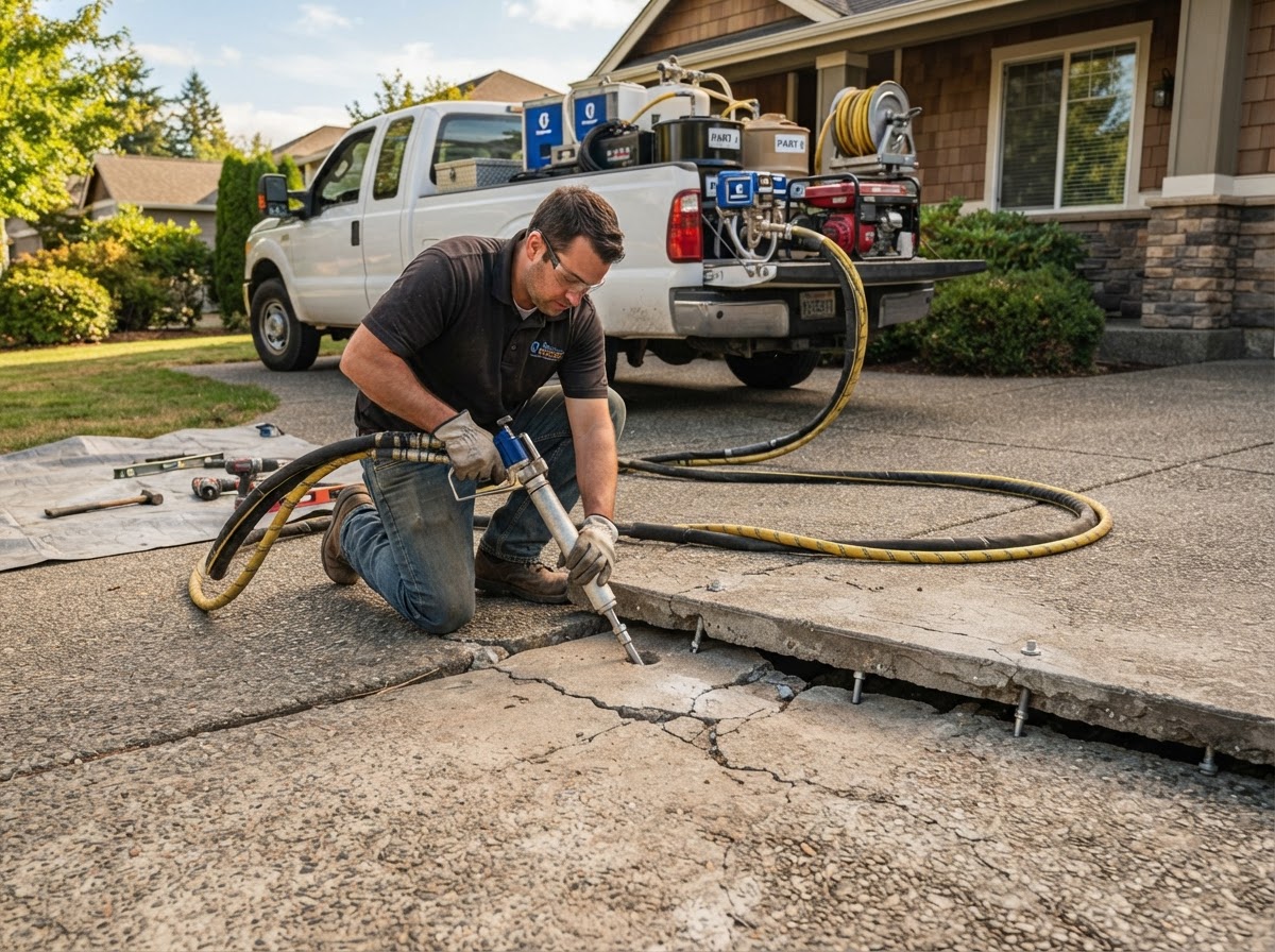 Polyjacking foam injection equipment set up on a residential driveway for leveling