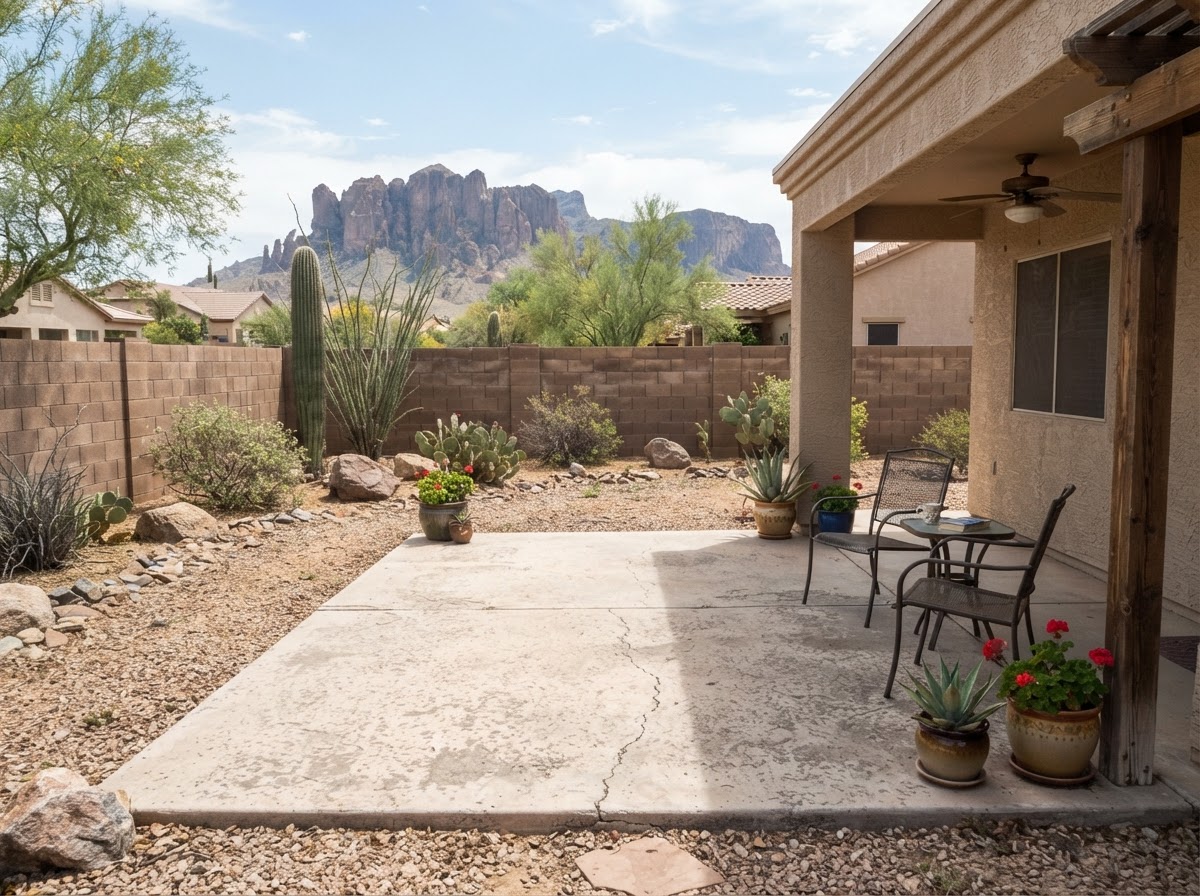 Settled patio slab in an Apache Junction desert residential setting