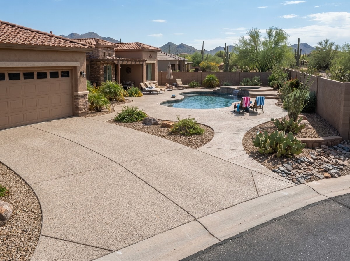 Concrete flatwork applications including a residential driveway, sidewalk, and pool deck