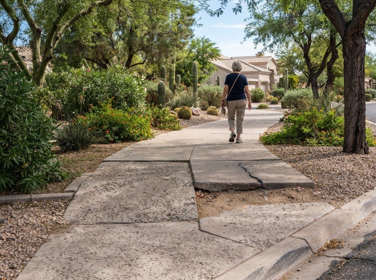 Sun Lakes residential walkway with mature landscaping and established concrete
