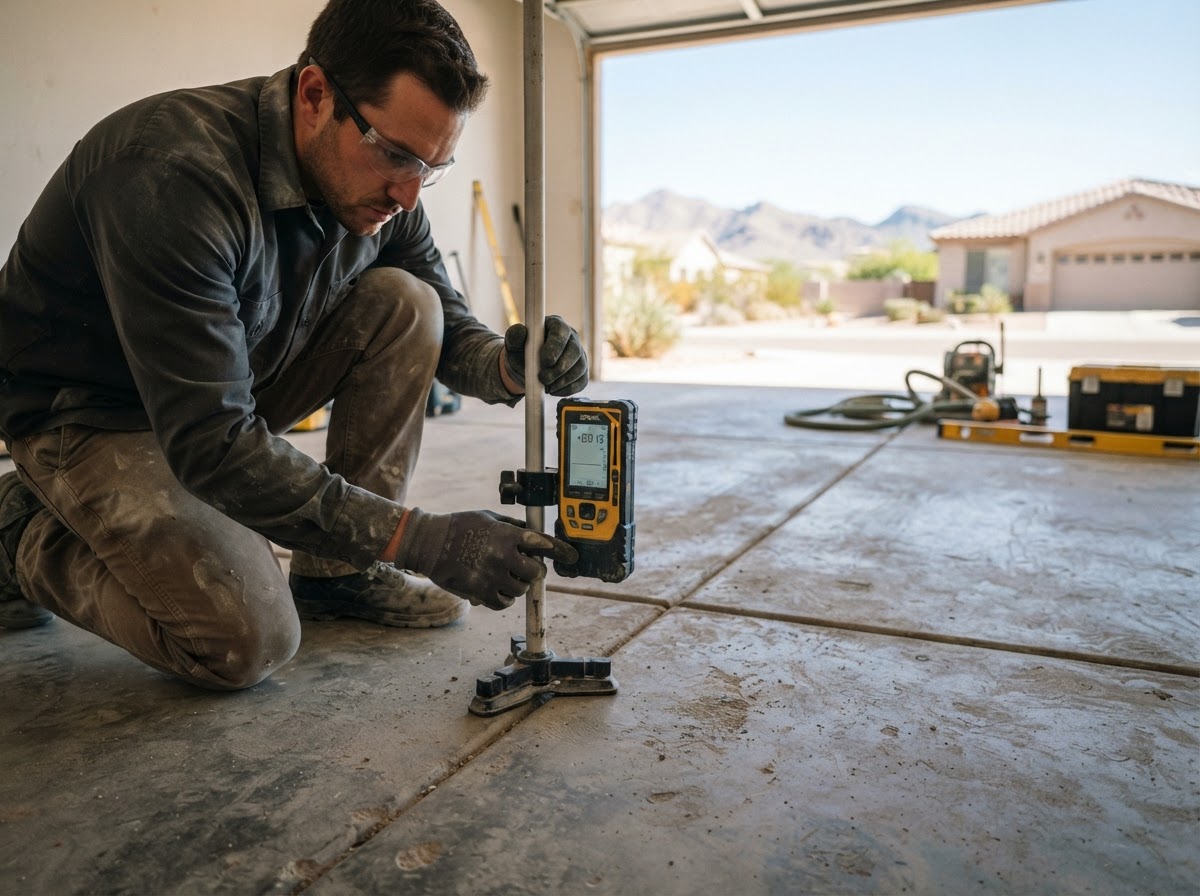 Technician using a digital elevation measurement tool on a garage floor slab