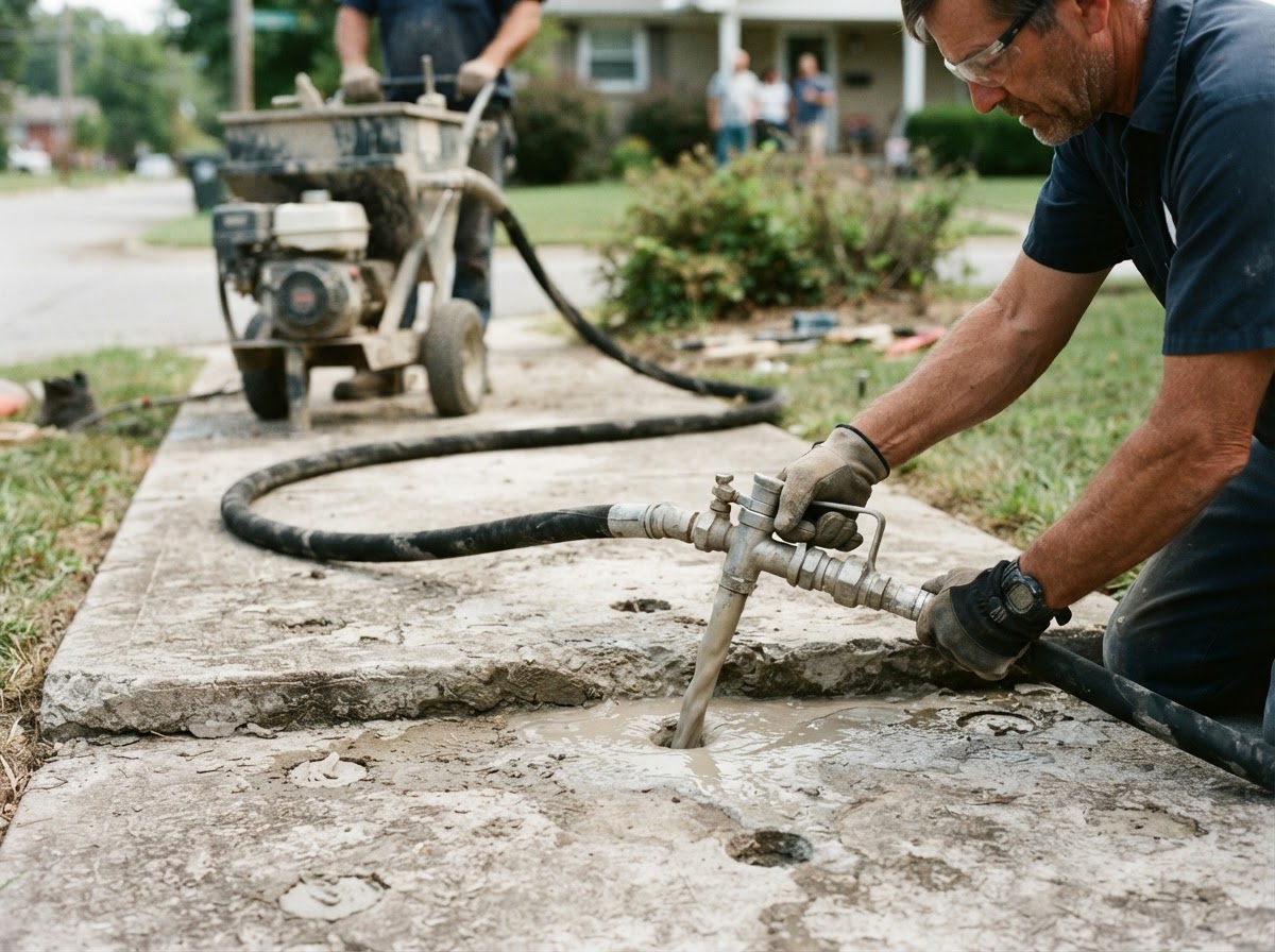 Mudjacking cementitious slurry being pumped through holes in a concrete slab