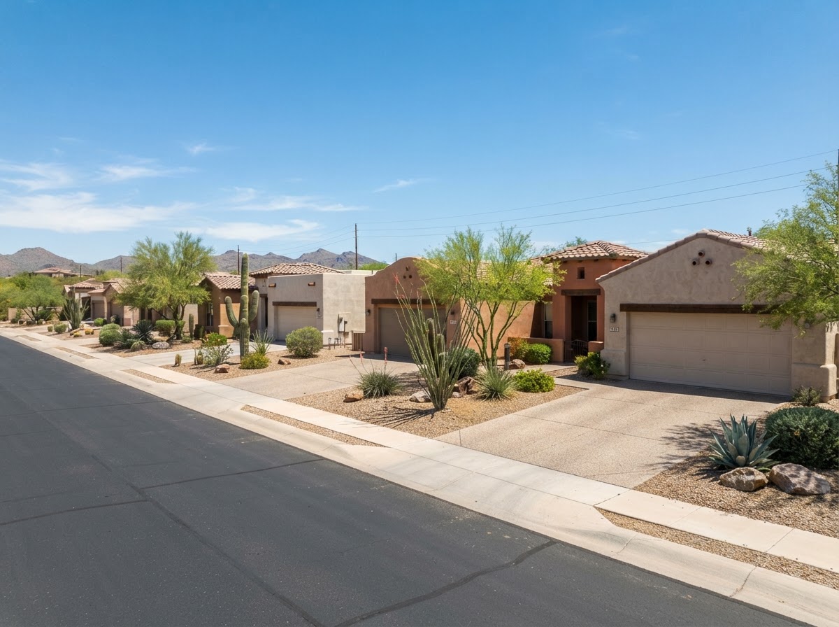 Gilbert residential streetscape with concrete driveways and walkways