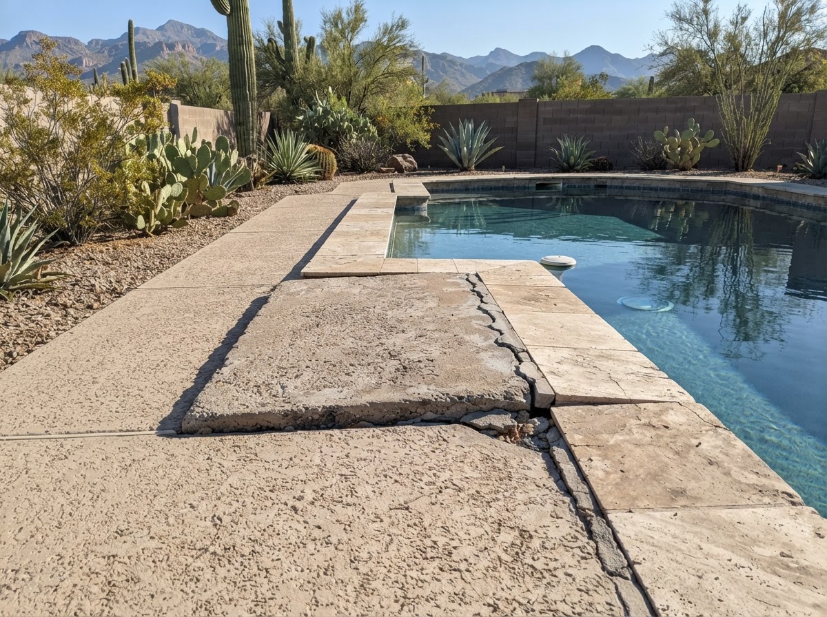 Settled concrete pool deck slab near the coping of an Arizona backyard pool