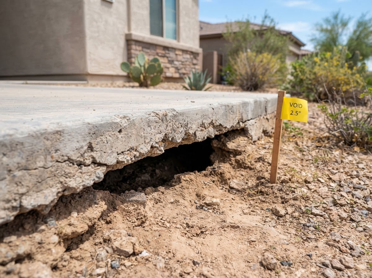 Technician evaluating slab support beneath exterior concrete