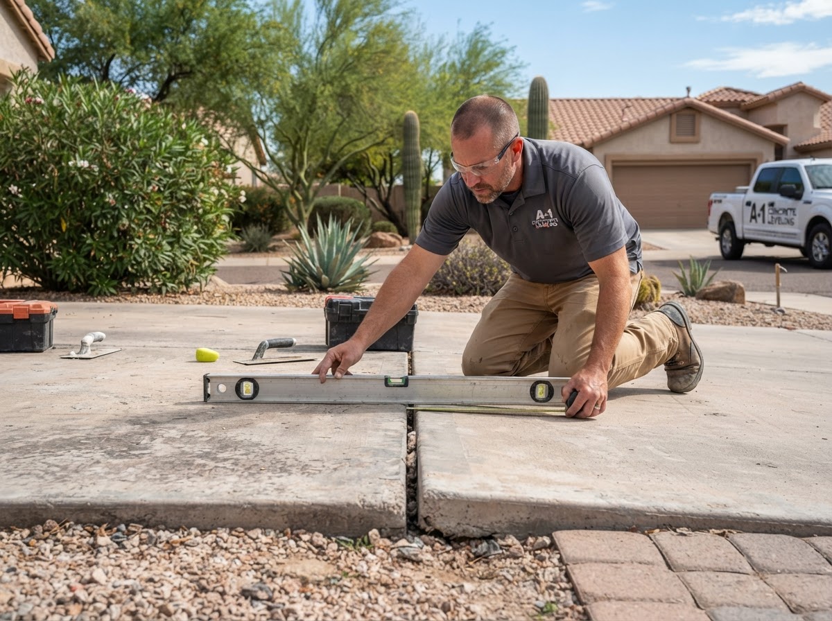 Technician measuring driveway panel elevation at a Sun Lakes property