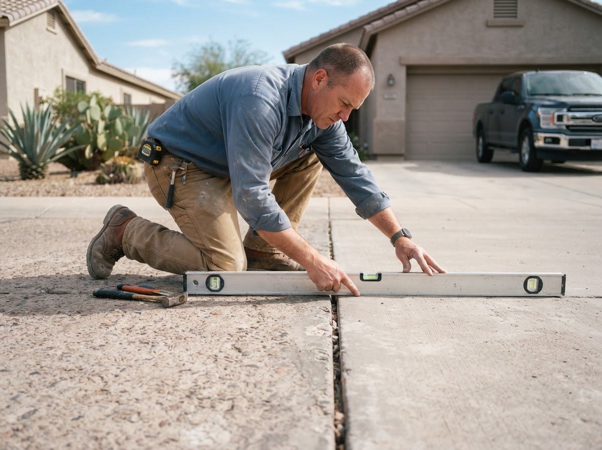 Technician checking slab elevation and transition on a residential concrete surface