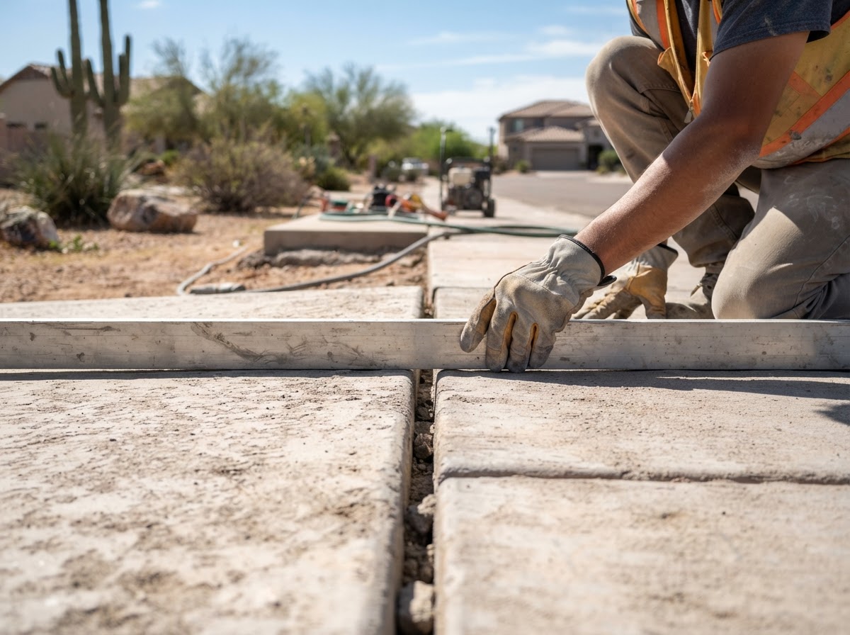 Technician checking sidewalk panel elevation with a straight-edge measuring tool