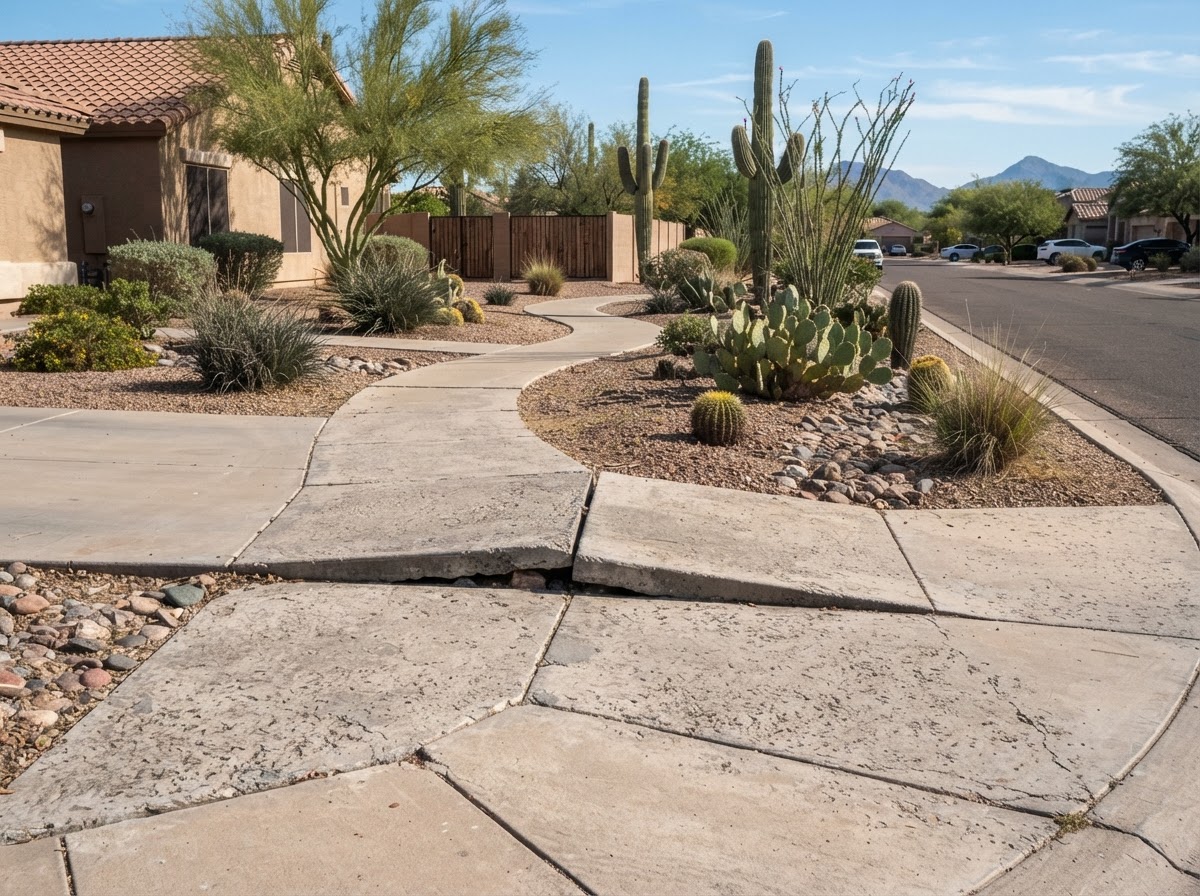 HOA sidewalk and common-area concrete walkway with settled uneven slabs