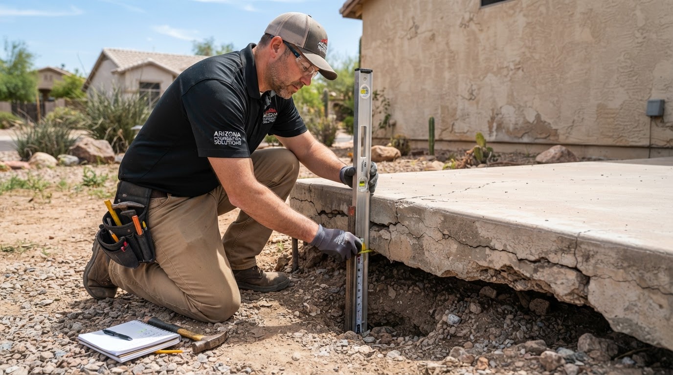 Technician reviewing concrete slab elevation and support condition with measurement tools