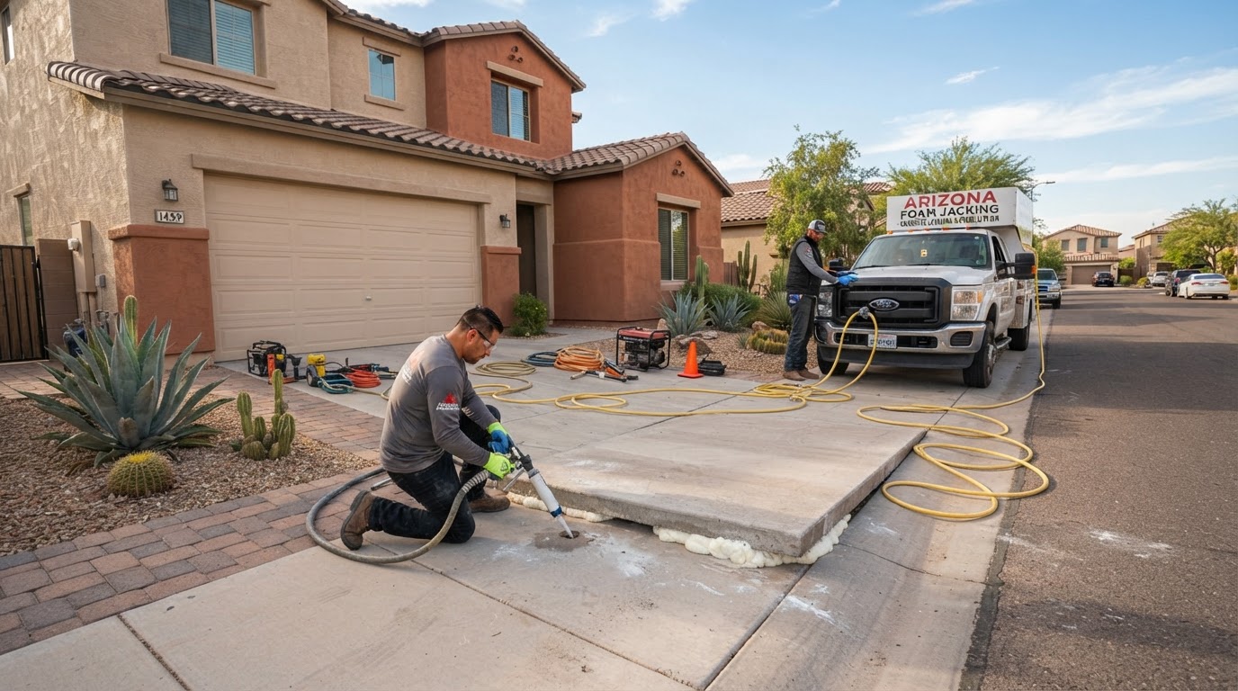 Polyurethane foam concrete leveling equipment being used on a settled driveway panel at a newer San Tan Valley, Arizona suburban home
