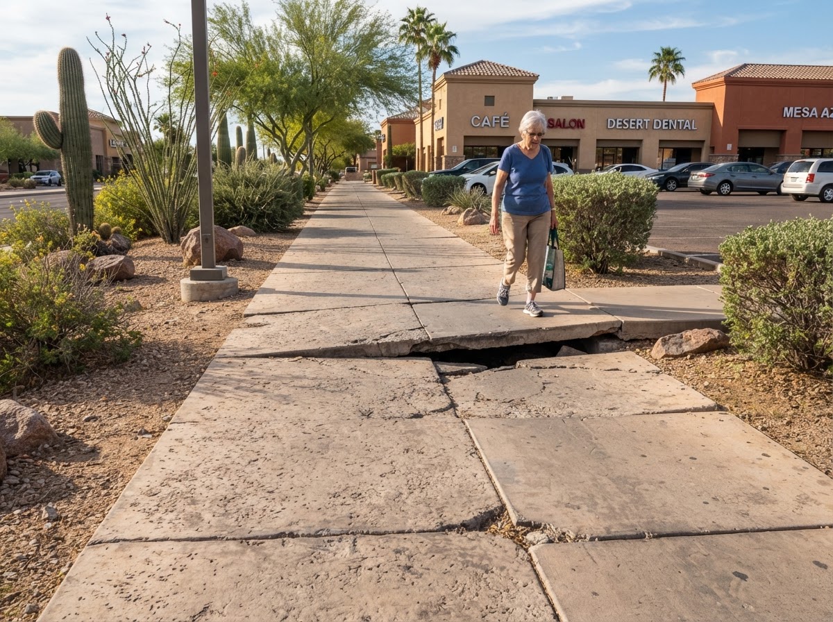 HOA or commercial pedestrian walkway in Mesa showing uneven concrete transitions