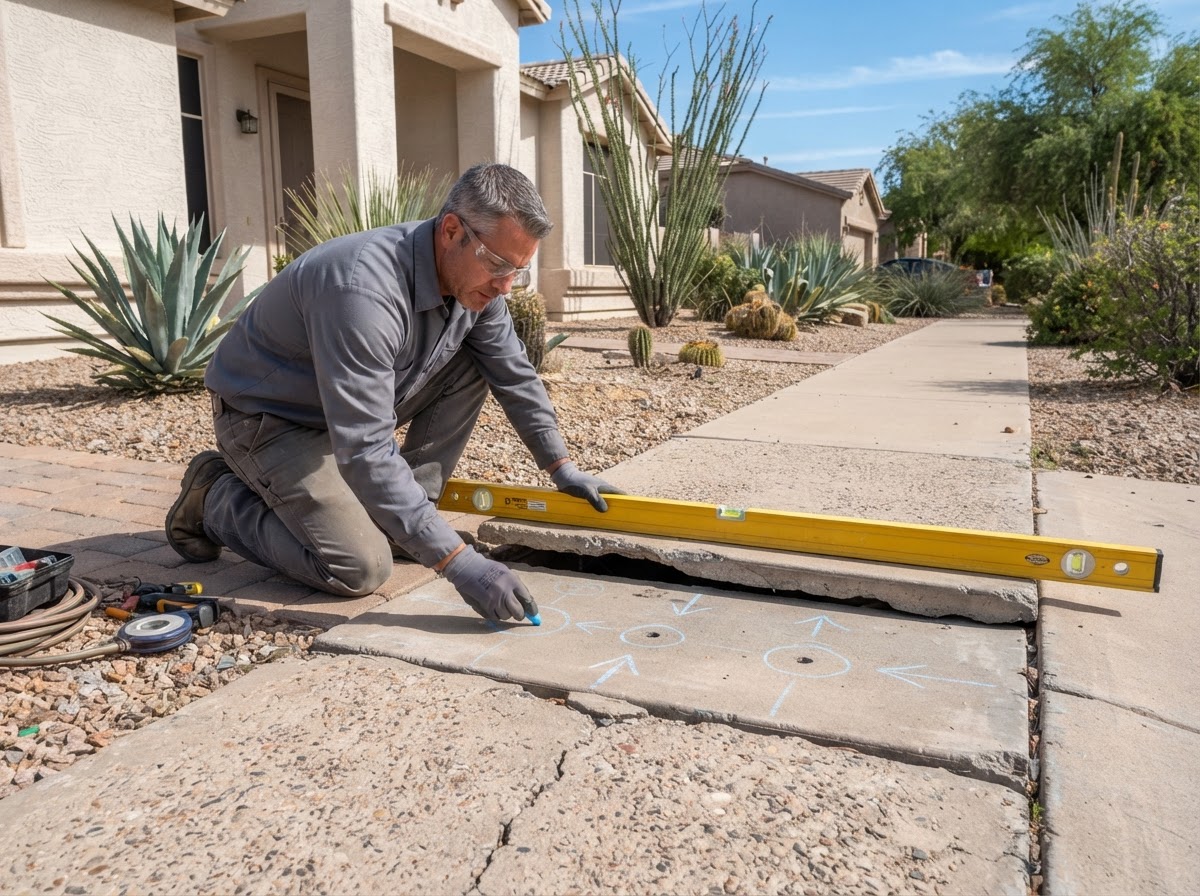 Technician checking residential slab elevation with a level tool