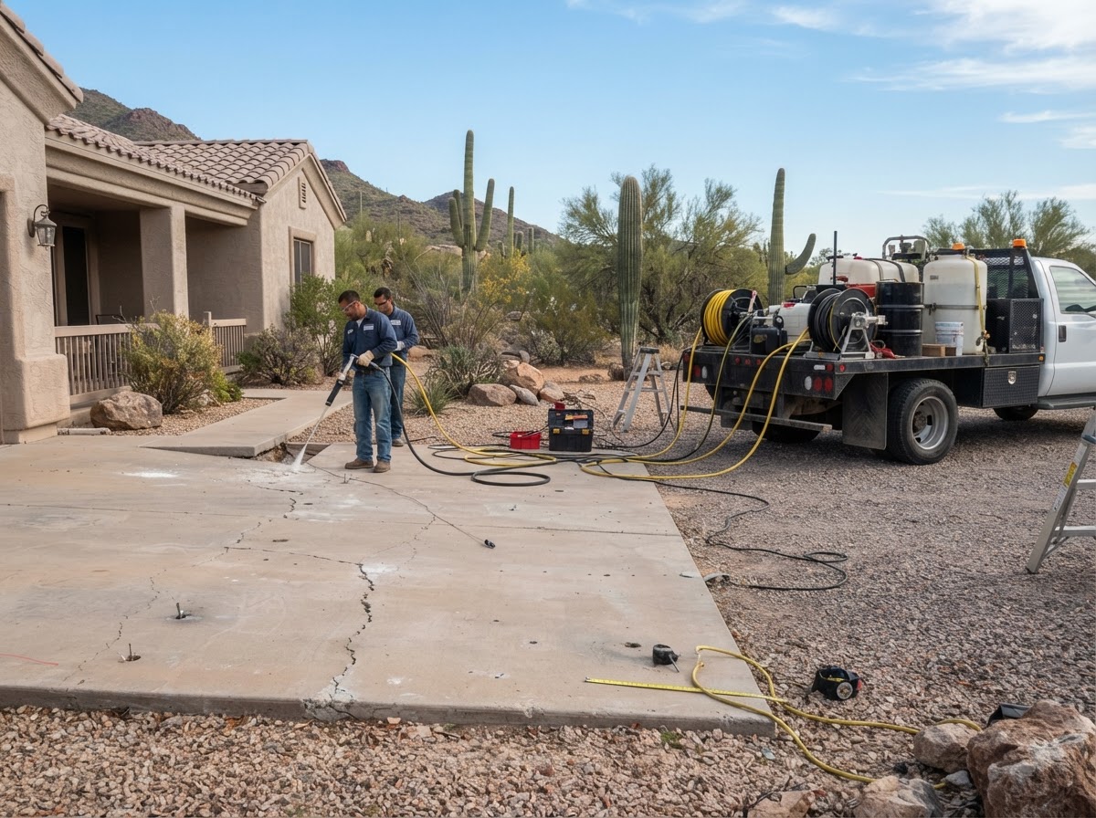 Driveway stabilization scene with concrete leveling equipment at an Apache Junction property