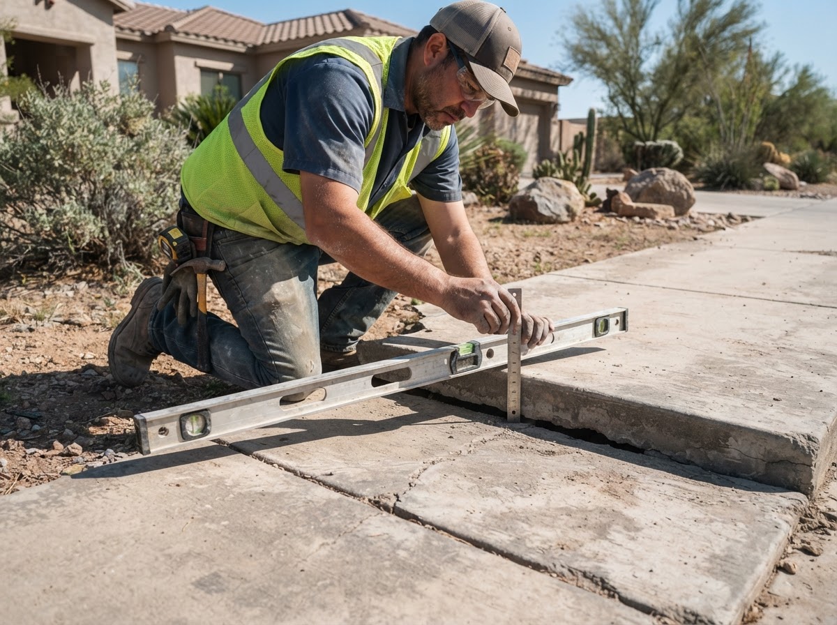 Technician measuring slab elevation and checking for voids beneath a settled slab