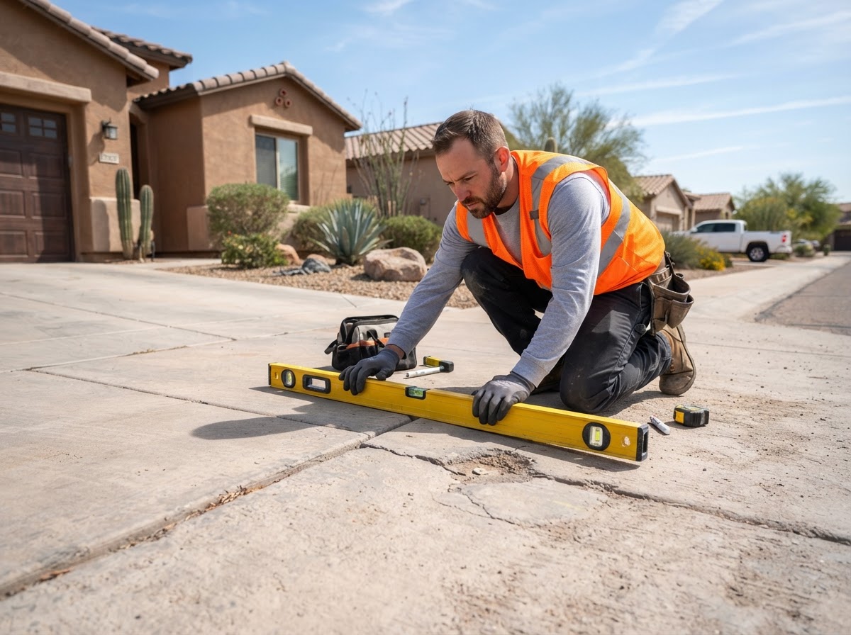 Technician inspecting concrete slab elevation with a level on a Gilbert driveway