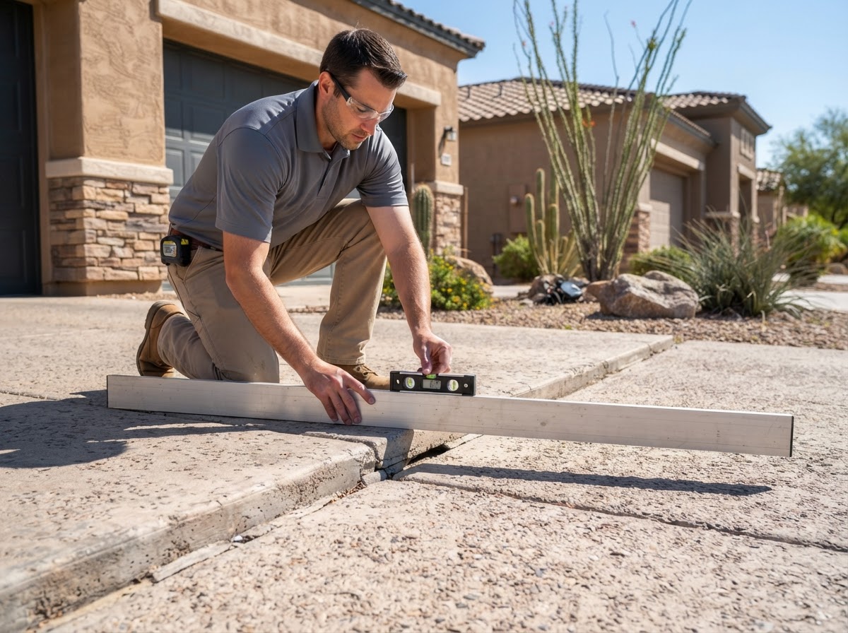 Technician measuring a garage-to-driveway concrete transition at a Sun Lakes home