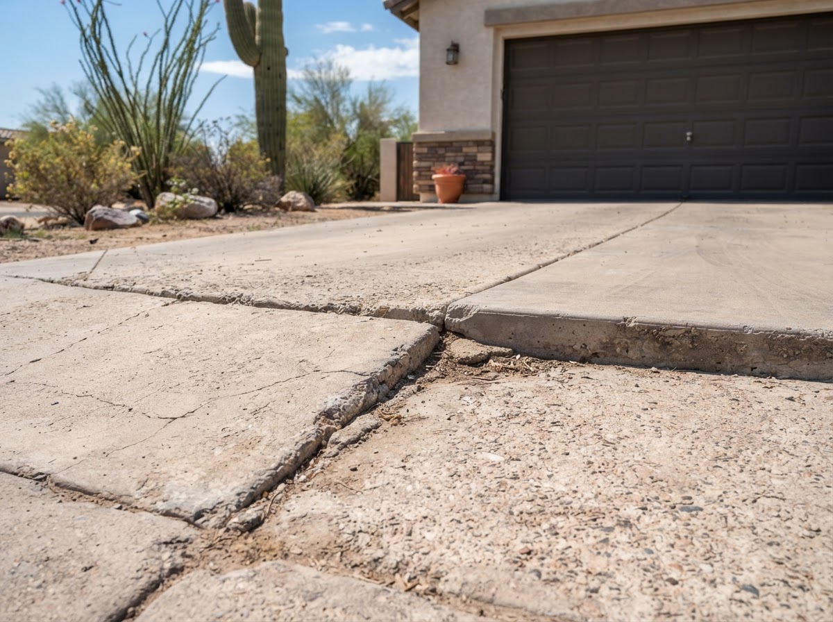 Concrete driveway slab transition with a visible height offset between panels