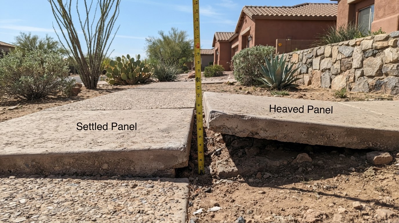 Two concrete panels for comparison: one settled-low panel that could be leveled and one heaved raised panel pushed upward