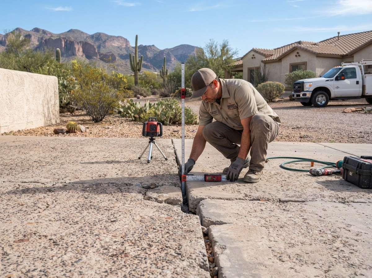 Technician measuring driveway panel elevation at an Apache Junction property