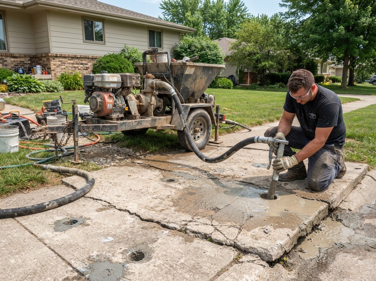 Mudjacking cementitious slurry being pumped through holes in a concrete slab