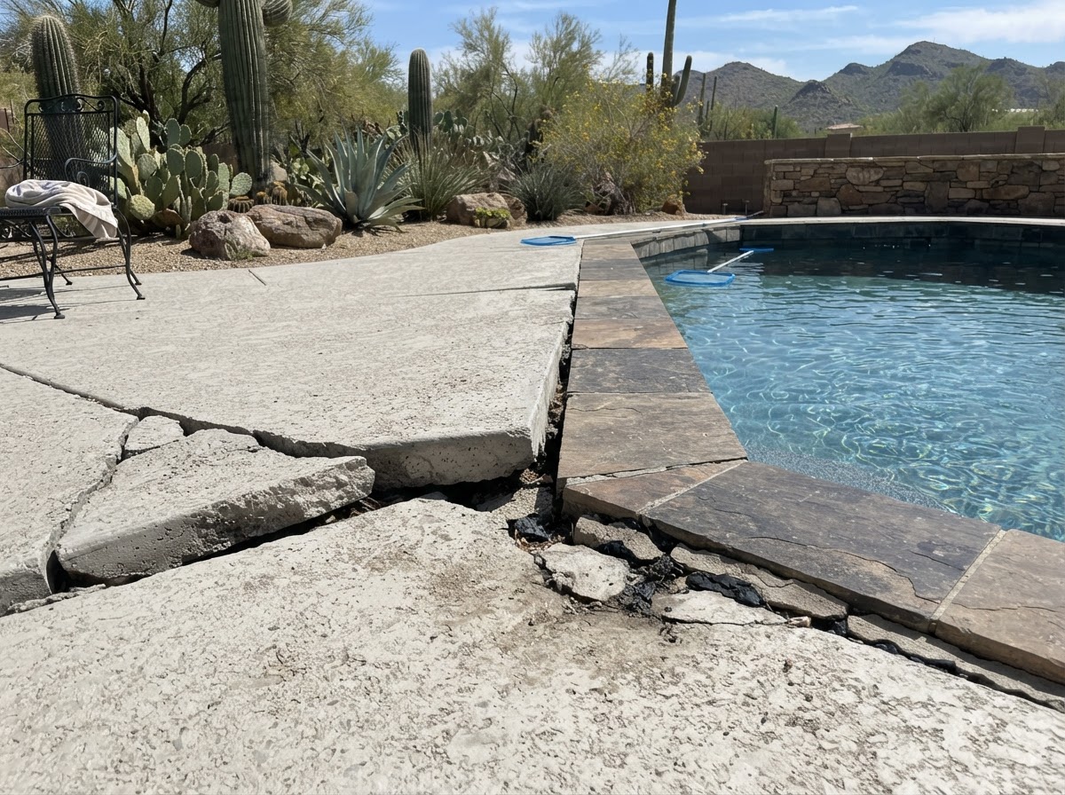 Settled concrete pool deck slab in a Scottsdale, Arizona backyard with desert landscaping, showing uneven transitions near the pool coping and deck joints