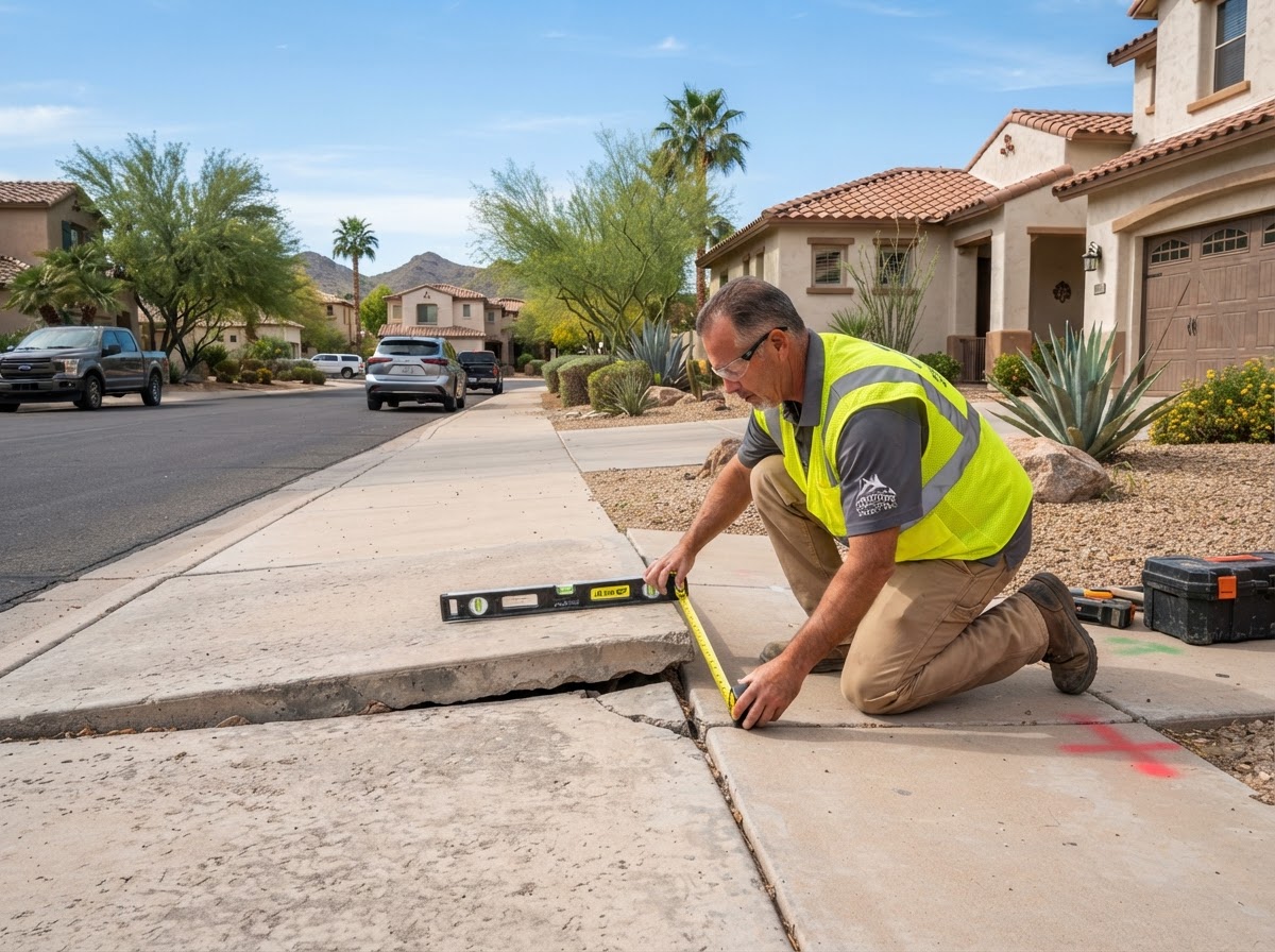 Worker measuring uneven elevation on a residential concrete walkway in a master-planned Ahwatukee, Arizona neighborhood with stucco homes