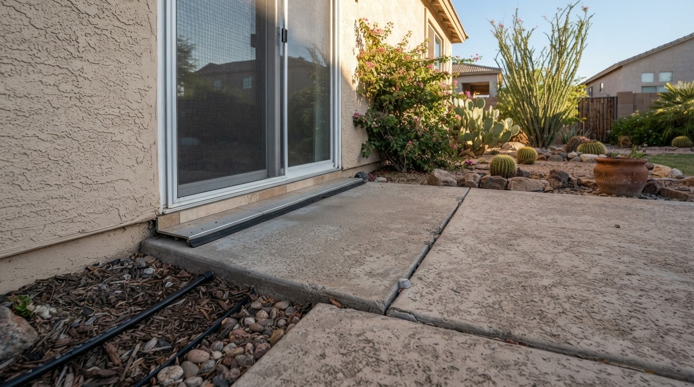 Settled residential concrete patio slab at a Mesa, Arizona home showing uneven sections near a door threshold and landscape edge
