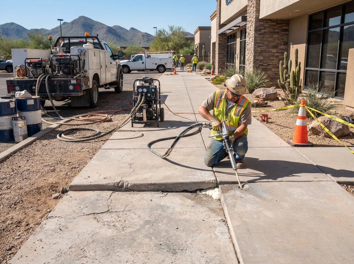 Concrete lifting equipment set up at a commercial flatwork site in Arizona to lift a settled walkway slab