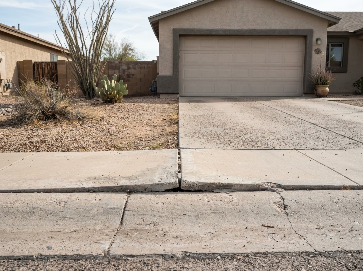 Concrete driveway and garage approach transition showing settlement and elevation difference in an Ahwatukee, Arizona residential setting with desert foothill character