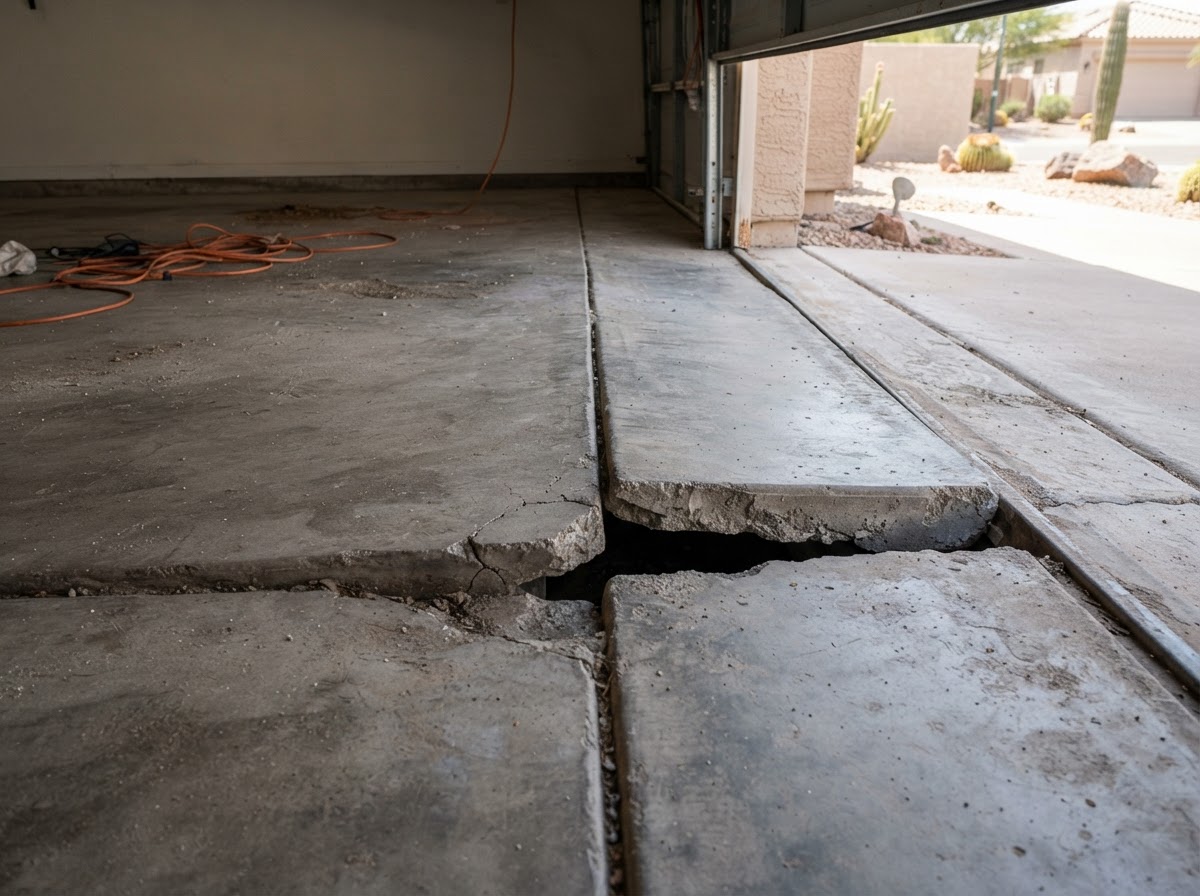 Worker measuring the elevation and support condition of a residential concrete slab to assess whether void filling is appropriate in an Arizona setting