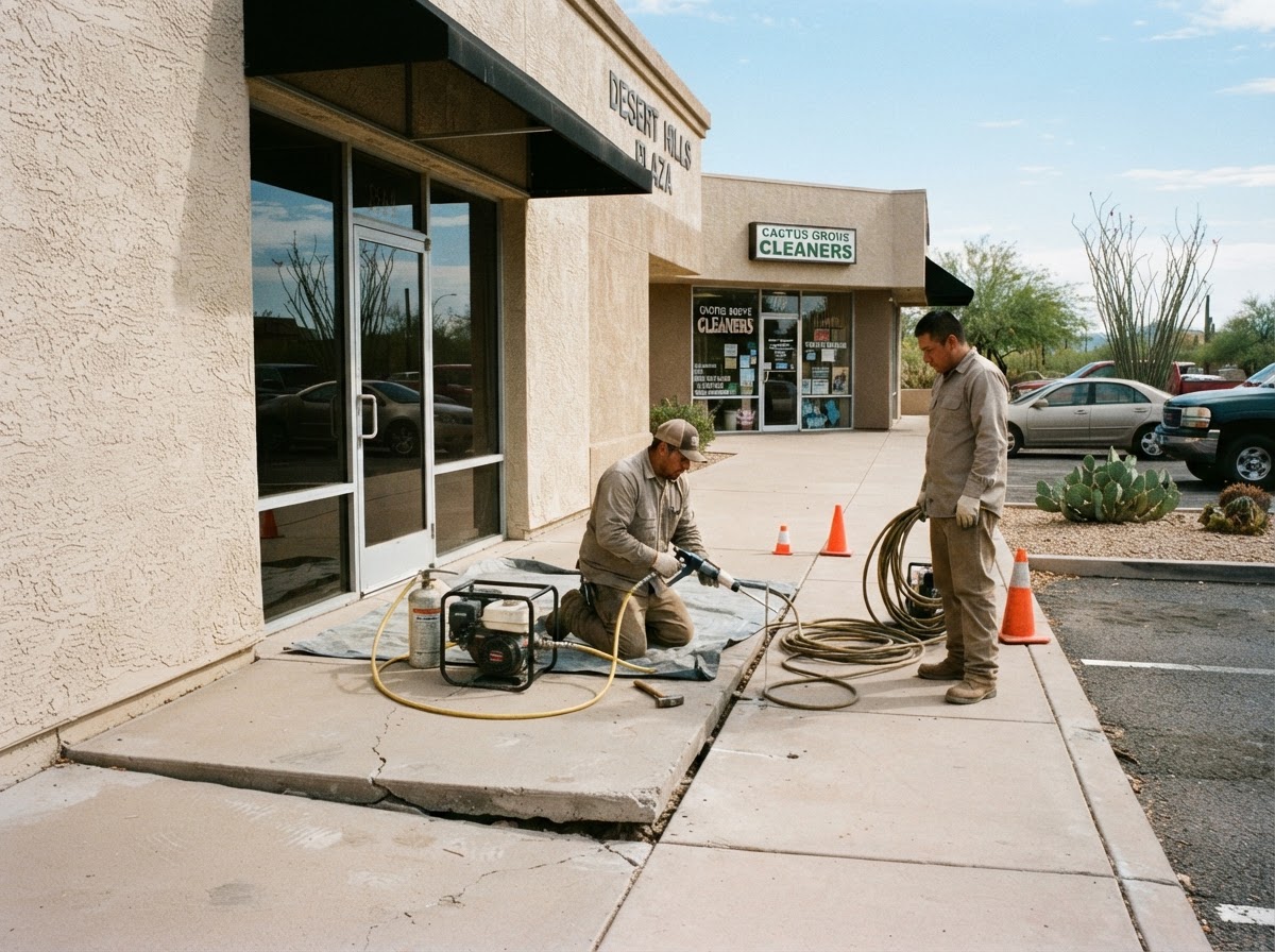 Commercial concrete walkway leveling work at a small Arizona commercial property with workers preparing equipment