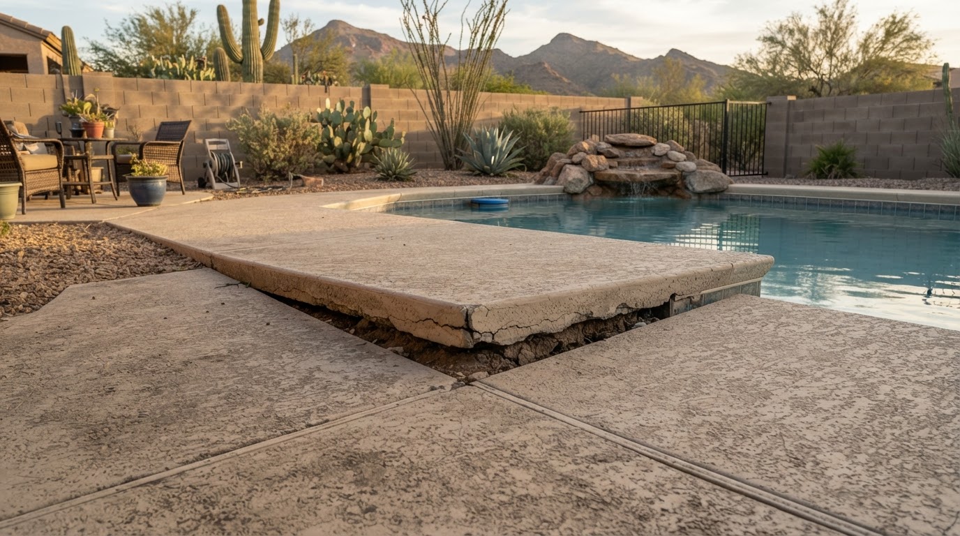 Settled concrete pool deck slab in a Mesa, Arizona residential backyard showing uneven deck sections near pool coping with desert landscaping